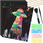 SPOKKI 50 Sheets Rainbow Scratch Art Paper, Magic Scratch off Paper Notebook Set for Kids Art and Craft Activity Book Black Sketch Doodle Pads with Drawing Stick for Party Favor Game Gift (8x11in)